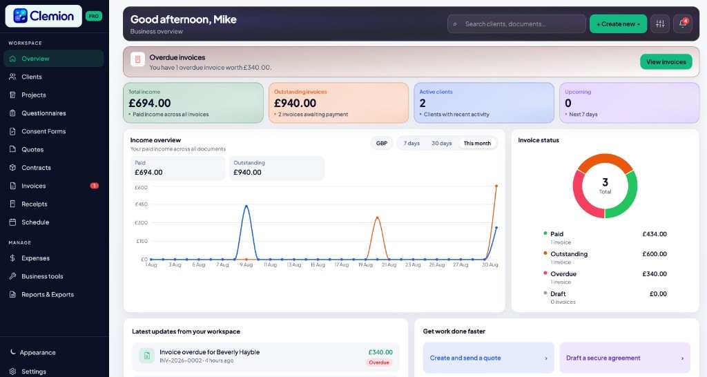 Clemion dashboard im Web
